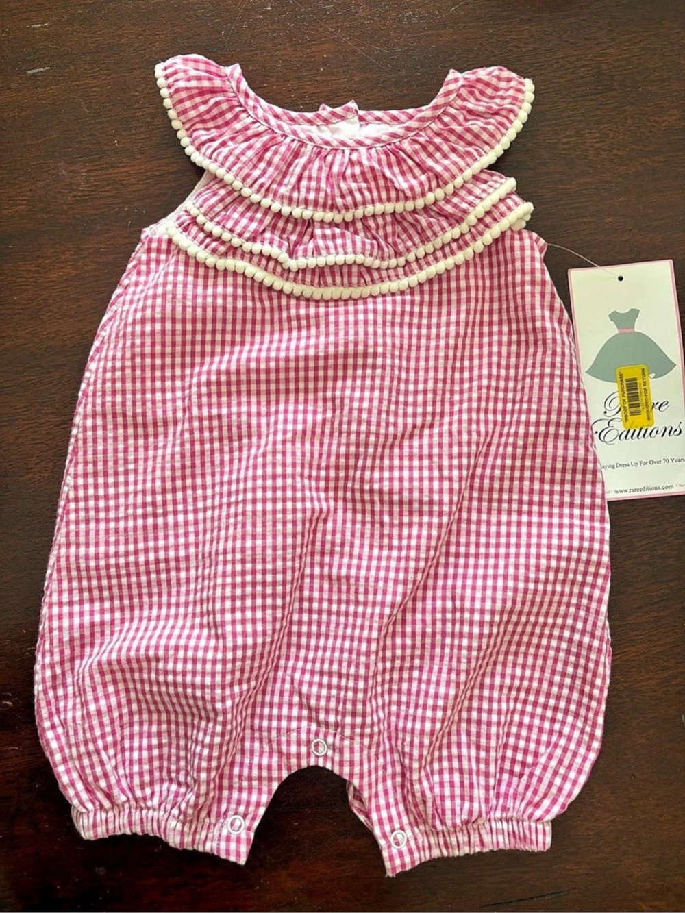 NWT Pink & White Gingham Romper Pom Pom Trim